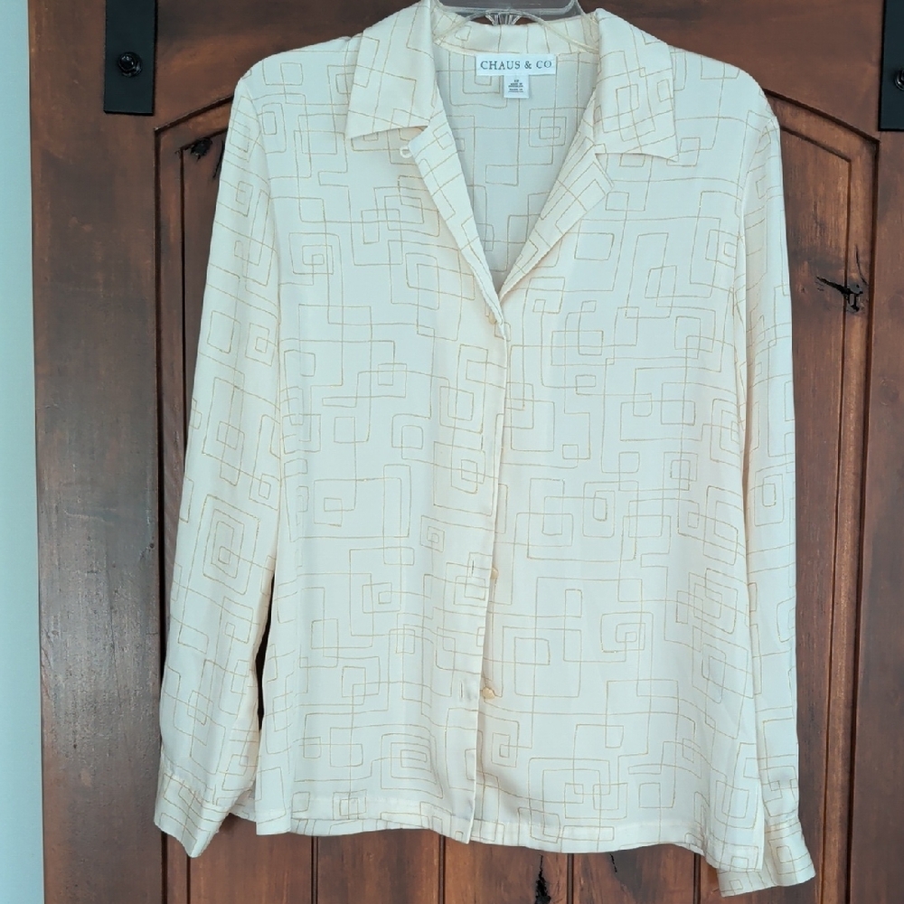 Chaus Satiny Cream Geometric Button-Front Dressy Shirt